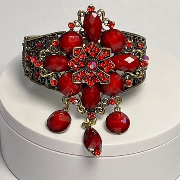 Vintage Brass Filigree Bracelet With Red Faceted Stones & Dangling Charms - Picture 1 of 4